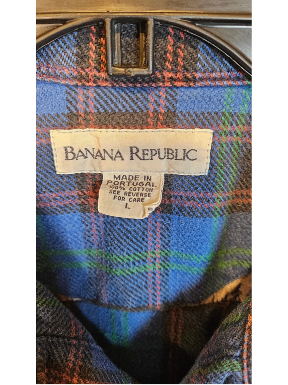 Vintage 90s Banana Republic Flannel Shirt L Made Portugal Blue Plaid Cotton
